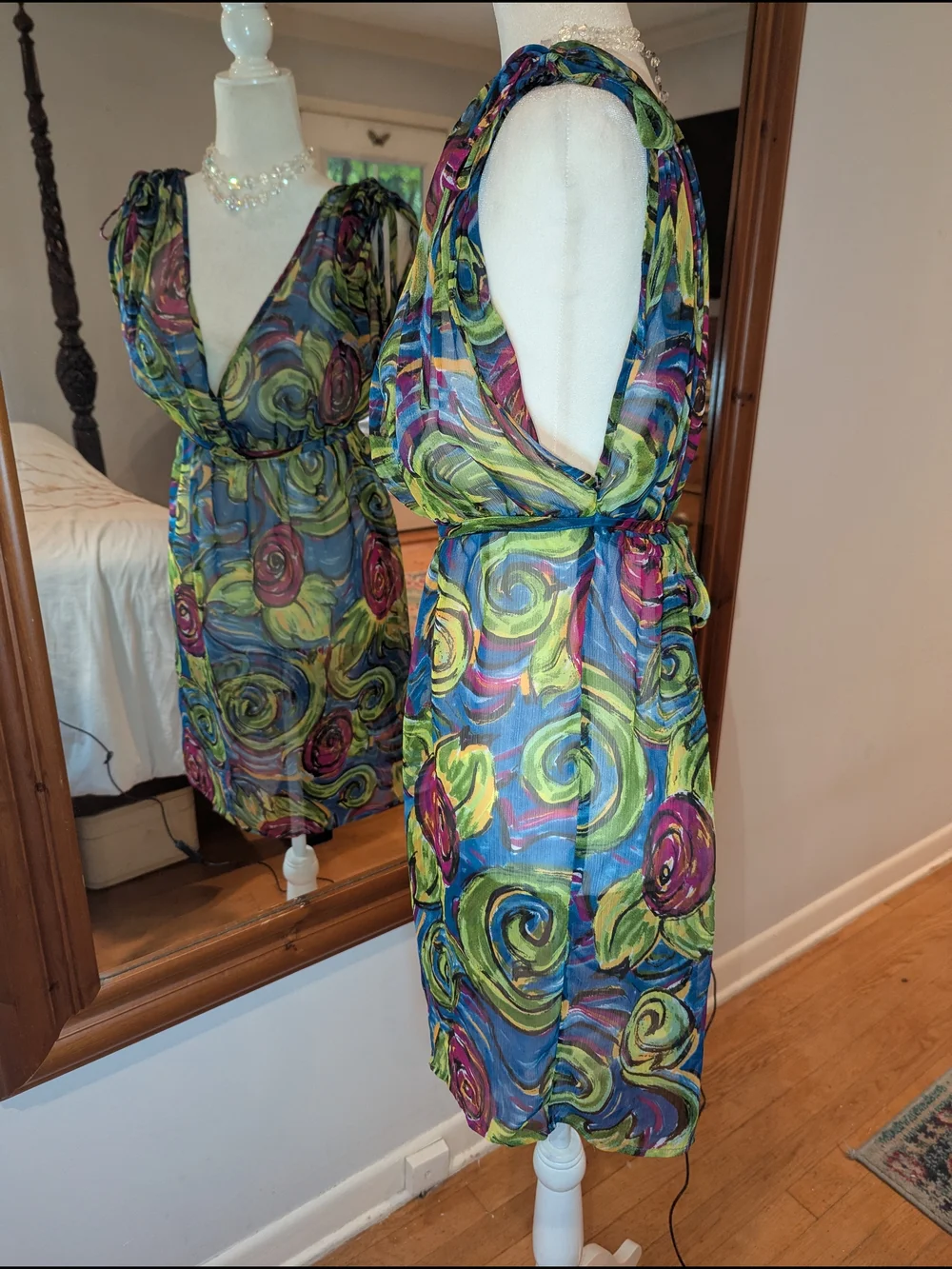 Sheer Floral V-Neck Swim Coverup in Blue & Green